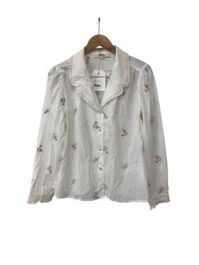 NWT Simple Retro Embroidered Floral Ivory Button Up Shirt L